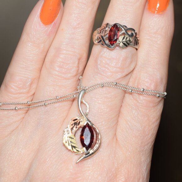 2 Sterling Garnet 12k. Black Hills Gold Necklace Ring Set January Birth Stone - Picture 4 of 14